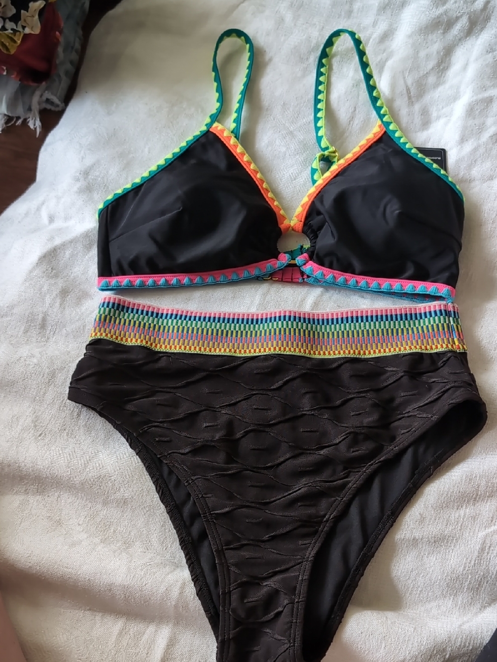 Black High-Waist Bikini Set with Multicolor Trim